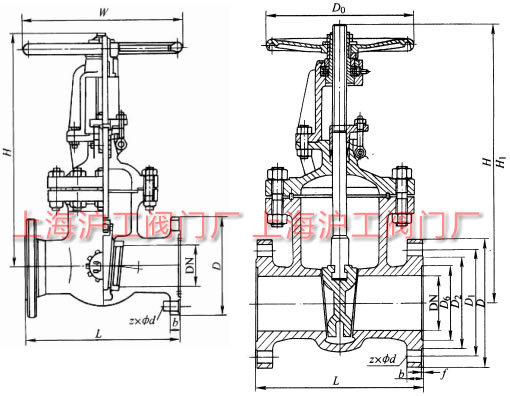 Z41H��Z41Y��Z41W �� PN16~PN200 ���Шʽ�l�y���μ��Y(ji��)��(g��u)�ߴ�ʾ��D
